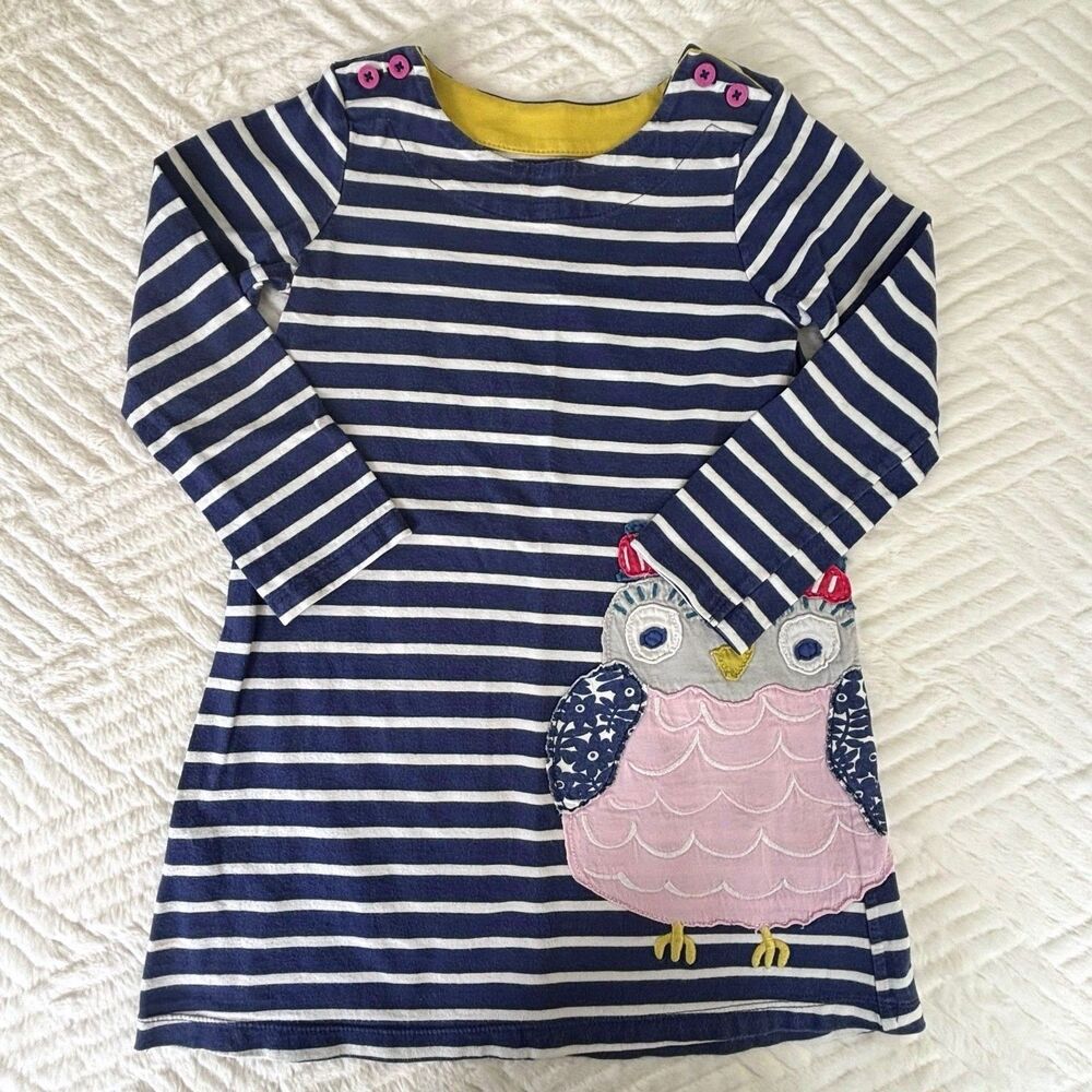 Mini Boden Girls Size 4-5Y Navy Stripe Owl Applique Long Sleeve Dress Cotton
